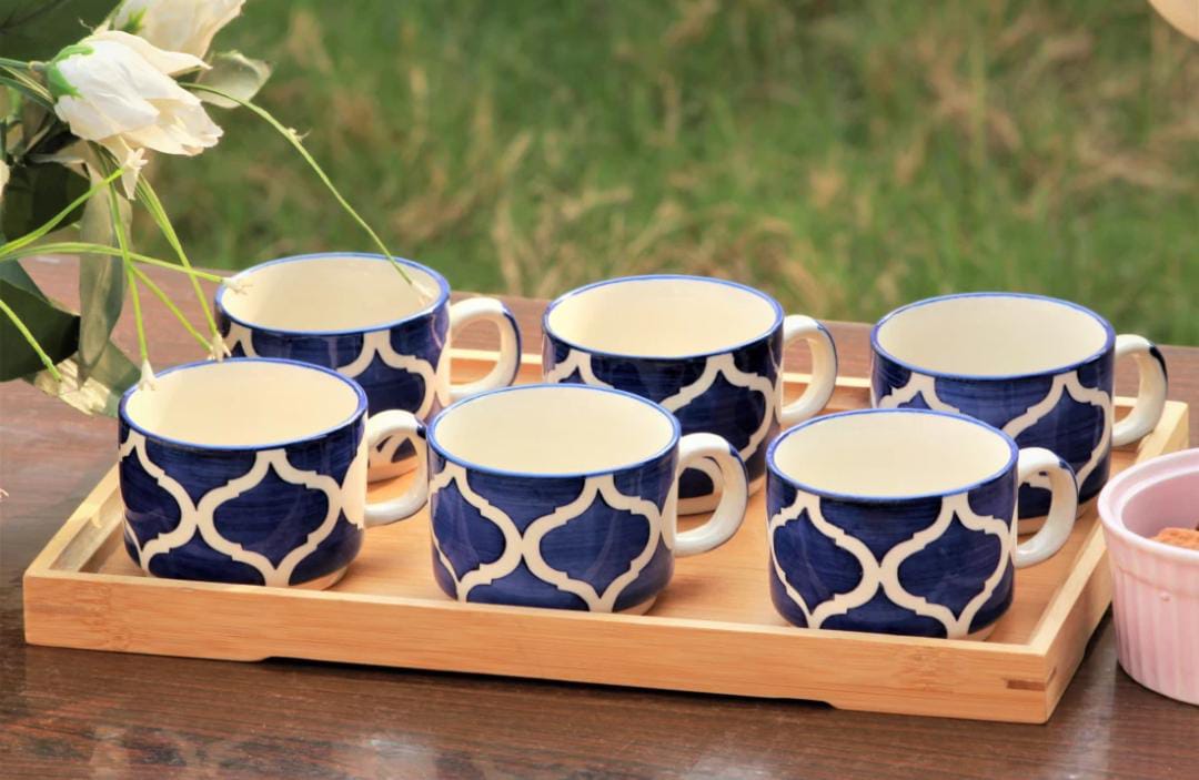 Homefrills Premuim Stoneware Hand Painted Moroccan design ceramic stylish Tea/Coffee Cups set of 6 